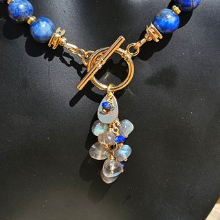 Lapis Lazuli 18K Gold Filled Donut Spacer Toggle Necklace & Labradorite and Faceted Lapis Lazuli Waterfalls Dangle