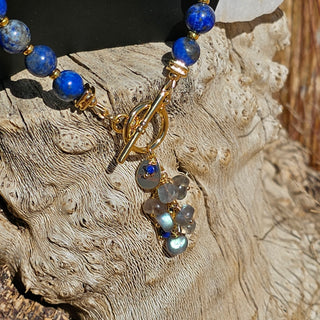 Lapis Lazuli 18K Gold Filled Donut Spacer Toggle Necklace & Labradorite and Faceted Lapis Lazuli Waterfalls Dangle