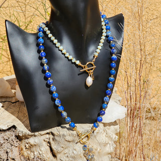 Lapis Lazuli 18K Gold Filled Donut Spacer Toggle Necklace & Labradorite and Faceted Lapis Lazuli Waterfalls Dangle