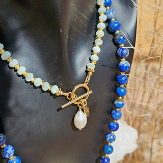 Lapis Lazuli 18K Gold Filled Donut Spacer Toggle Necklace & Labradorite and Faceted Lapis Lazuli Waterfalls Dangle