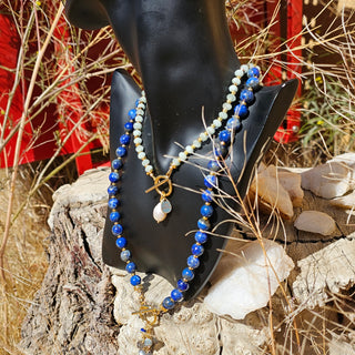 Lapis Lazuli 18K Gold Filled Donut Spacer Toggle Necklace & Labradorite and Faceted Lapis Lazuli Waterfalls Dangle