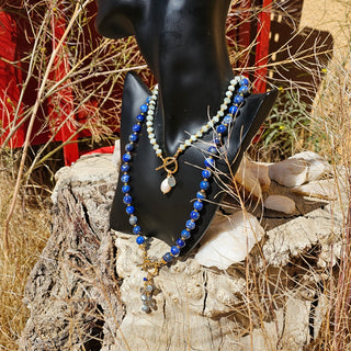 Lapis Lazuli 18K Gold Filled Donut Spacer Toggle Necklace & Labradorite and Faceted Lapis Lazuli Waterfalls Dangle