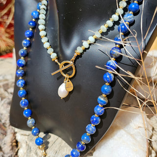 Lapis Lazuli 18K Gold Filled Donut Spacer Toggle Necklace & Labradorite and Faceted Lapis Lazuli Waterfalls Dangle