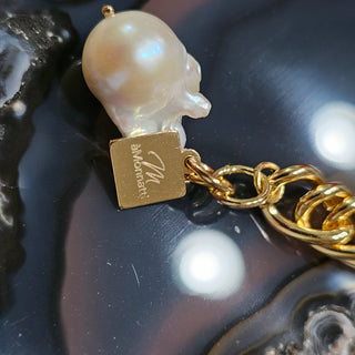 18K Gold Filled Double Curb Chunky Chain Clasp Bracelet with Baroque Pearl Charm