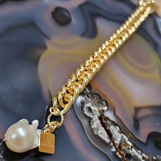 18K Gold Filled Double Curb Chunky Chain Clasp Bracelet with Baroque Pearl Charm