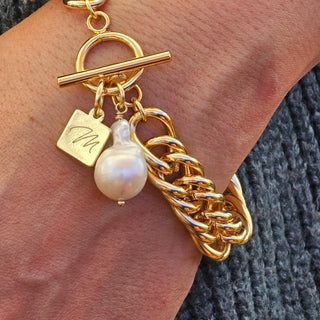 18K Gold Filled Double Curb Chunky Chain Toggle Bracelet with Baroque Pearl Charm