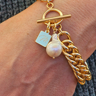 18K Gold Filled Double Curb Chunky Chain Toggle Bracelet with Baroque Pearl Charm