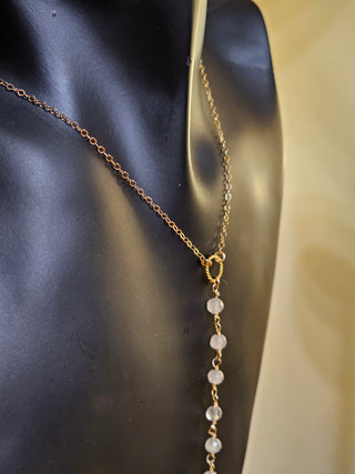 The Sun and Moon Adjustable Lariat  Necklace -Rose Quartz - Gold Filled