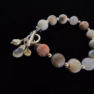 Pink Zebra Jasper Silver Toggle Bracelet with Rose Quartz Dangle