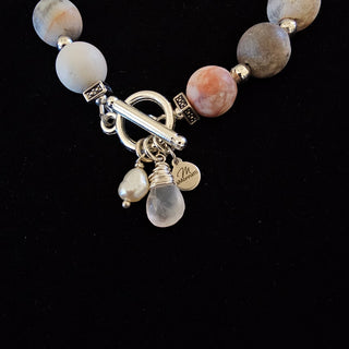 Pink Zebra Jasper Silver Toggle Bracelet with Rose Quartz Dangle