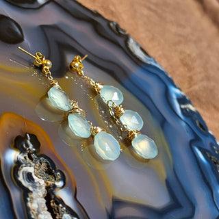 Aqua Chalcedony  18K Gold Filled Tripple Briollettes(10mm) Earrings