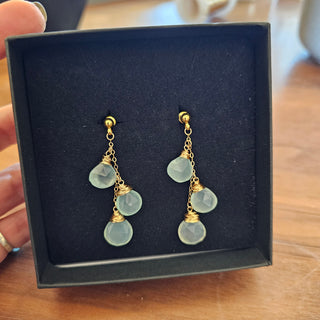 Aqua Chalcedony  18K Gold Filled Tripple Briollettes(10mm) Earrings