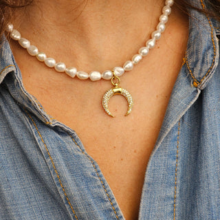 Pearl Gold Filled Adjustable Necklace with CZ Moon Charm