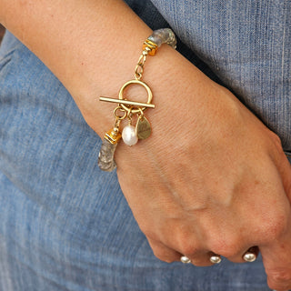 Labradorite (Grade AAA Faceted Donut) 18K Gold Filled Toggle Bracelet with Pearl Dangle