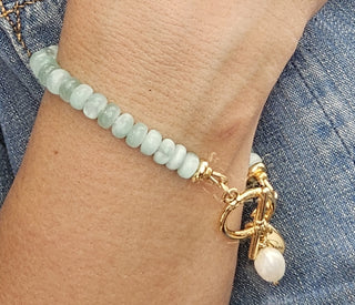 Green Donut MoonStone Toggle bracelet with Pearl Dangle