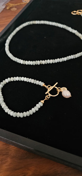 Green Moonstone Set (Necklace, Bracelet, Aqua Chalcedony Earring