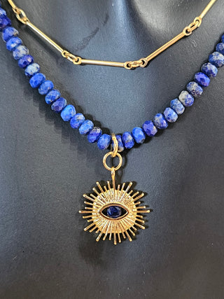 Lapis Lazuli and Gold filled Link Chain Double Necklace with Eye Protection Charm