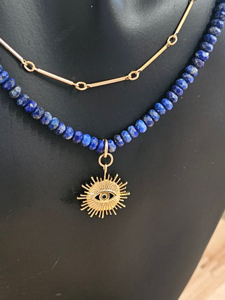 Lapis Lazuli and Gold filled Link Chain Double Necklace with Eye Protection Charm