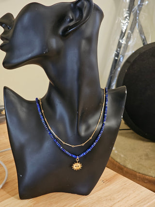 Lapis Lazuli and Gold filled Link Chain Double Necklace with Eye Protection Charm