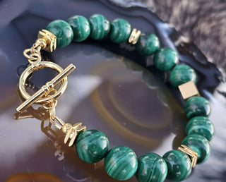 Malachite [AAA Grade] (10mm) Gold Logo Toggle Bracelet