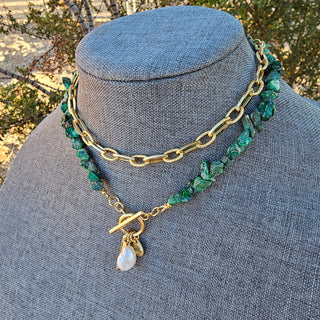 Green Forest Jasper (Rough) 10k Gold Filled Necklace with Spike and Pearl Dangle