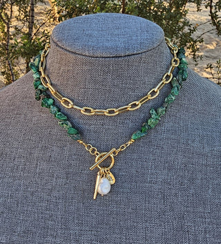 Green Forest Jasper (Rough) 10k Gold Filled Necklace with Spike and Pearl Dangle