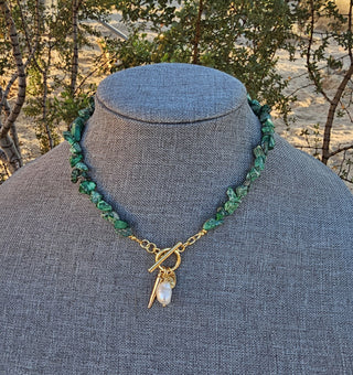 Green Forest Jasper (Rough) 10k Gold Filled Necklace with Spike and Pearl Dangle