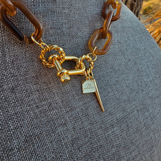 Shackle Clasp  with Spike in Brown Resin chain _ 18 K Gold Filled