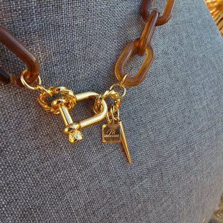 Shackle Clasp  with Spike in Brown Resin chain _ 18 K Gold Filled