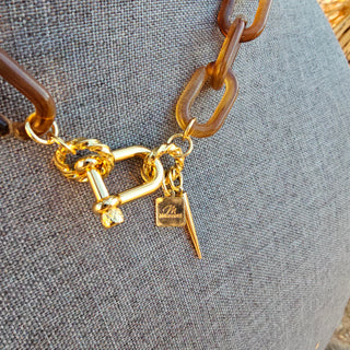 Shackle Clasp  with Spike in Brown Resin chain _ 18 K Gold Filled