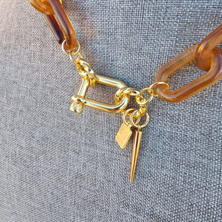 Shackle Clasp  with Spike in Brown Resin chain _ 18 K Gold Filled