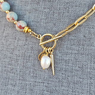 Snake Skin Jasper (Sky blue) Half Gold Filled Chain Necklace with Pearl