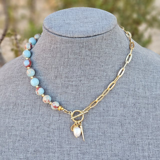 Snake Skin Jasper (Sky blue) Half Gold Filled Chain Necklace with Pearl