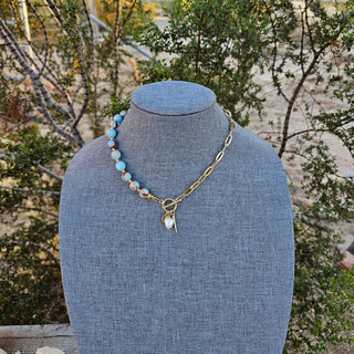 Snake Skin Jasper (Sky blue) Half Gold Filled Chain Necklace with Pearl