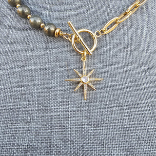 Pyrite, Half Round~Half Gold Filled Chain Toggle Necklace with Guiding Star