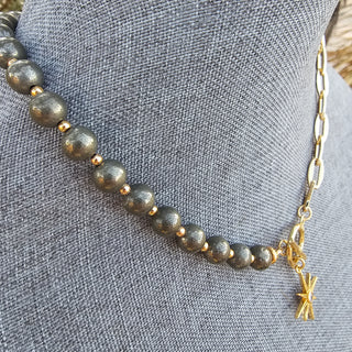 Pyrite, Half Round~Half Gold Filled Chain Toggle Necklace with Guiding Star