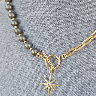 Pyrite, Half Round~Half Gold Filled Chain Toggle Necklace with Guiding Star