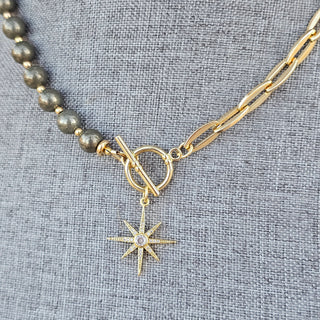 Pyrite, Half Round~Half Gold Filled Chain Toggle Necklace with Guiding Star