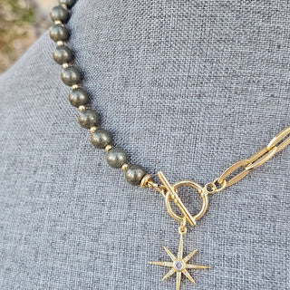 Pyrite, Half Round~Half Gold Filled Chain Toggle Necklace with Guiding Star