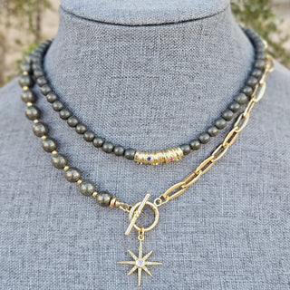 Pyrite, Half Round~Half Gold Filled Chain Toggle Necklace with Guiding Star