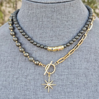 Pyrite, Half Round~Half Gold Filled Chain Toggle Necklace with Guiding Star