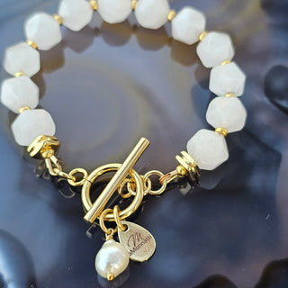 Rose Quartz Faceted (10mm) 18k Gold Filled Toggle Clasp Bracelet with Pearl Necklace