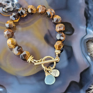 Tigers Eye - Gold - (10mm)Faceted Gold Filled Toggle Clasp with Aqua Chalcedony Briolette Danglel