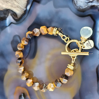 Tigers Eye - Gold - (8mm)Faceted Gold Filled Toggle Clasp with Aqua Chalcedony Briolette Danglel