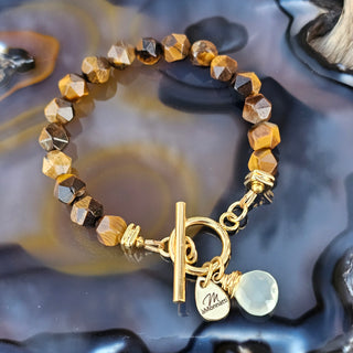 Tigers Eye - Gold - (8mm)Faceted Gold Filled Toggle Clasp with Aqua Chalcedony Briolette Danglel