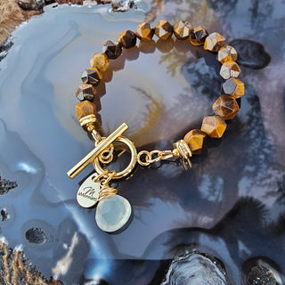 Tigers Eye - Gold - (8mm)Faceted Gold Filled Toggle Clasp with Aqua Chalcedony Briolette Danglel