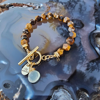 Tigers Eye - Gold - (8mm)Faceted Gold Filled Toggle Clasp with Aqua Chalcedony Briolette Danglel