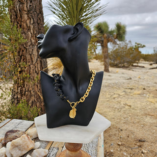 Black Lava Stone (16 mm Organic Shape)&18k Gold Filled Chunky Chain Toggle Necklace with Protective Coin&Spike