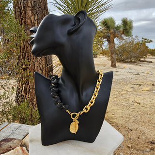 Black Lava Stone (16 mm Organic Shape)&18k Gold Filled Chunky Chain Toggle Necklace with Protective Coin&Spike