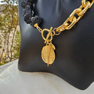 Black Lava Stone (16 mm Organic Shape)&18k Gold Filled Chunky Chain Toggle Necklace with Protective Coin&Spike